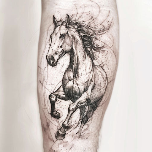 Dynamic flat tattoo sketch of a wild horse running free