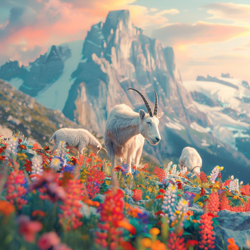 Mountain goats among colorful alpine flowers