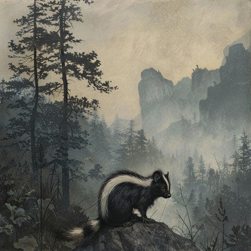 Eastern spotted skunk standing alert at forest edge