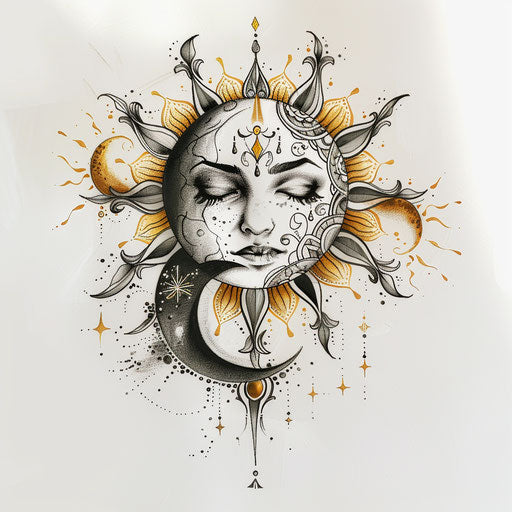 Elegant sketch of a sun and moon with ornate patterns, gold and silver accents