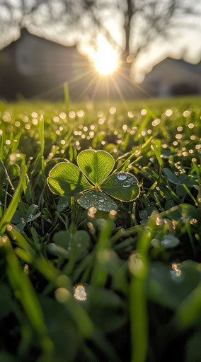 Four-leaf clover with dew drops, sun in the background