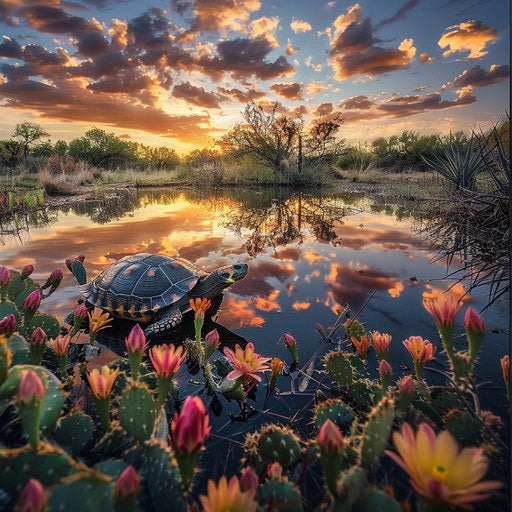 Texas tortoise by pond in blooming cactus field, reflecting at sunset