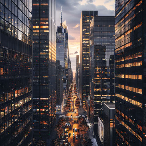 Vibrant financial district at dusk