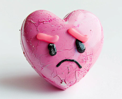 Pink heart with sad face on white background