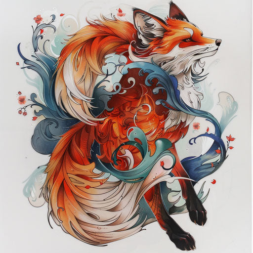 Traditional Japanese fox tattoo on white background
