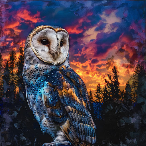 Spotted white owl under the last rays of the setting sun