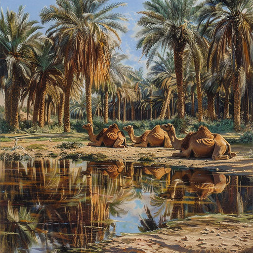 Camels resting near the oasis