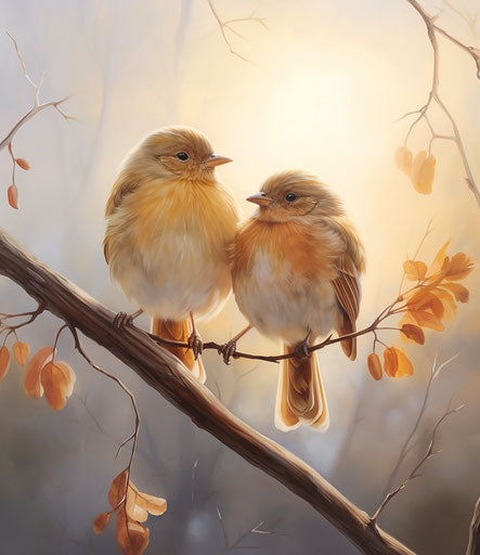 Two chicks sitting on a branch with sunlight shining on them