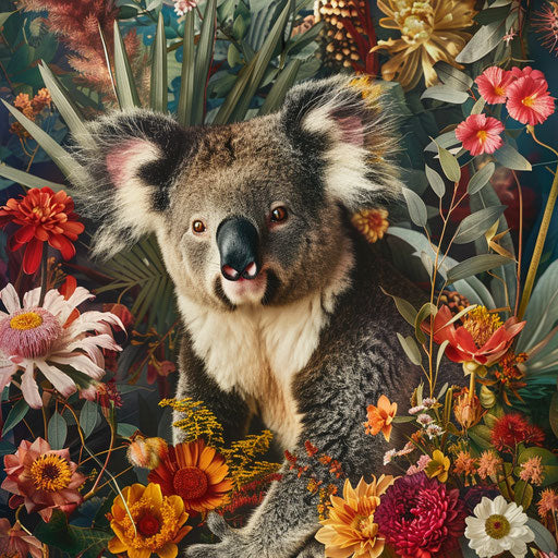 Koala with Australian wildflowers backdrop, animal and flora contrast
