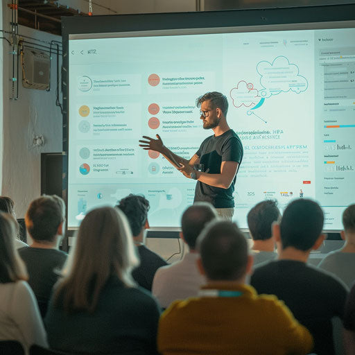 Detailed business plan presentation on large screen