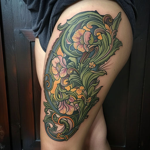 Art Nouveau floral thigh tattoo