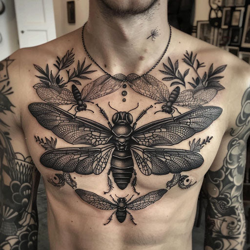 Detailed insect designs for chest tattoo