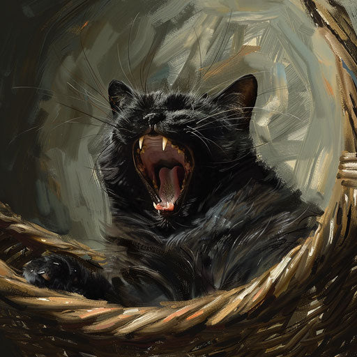 A black cat in a yawning basket, dynamic pose style, tenebrism mastery, soft smile, lively movement, overexposure