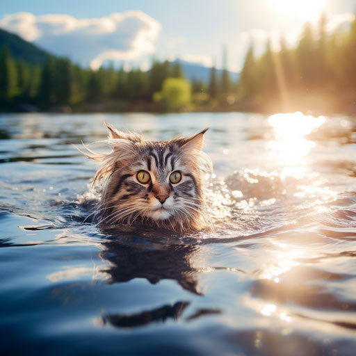 Siberian cat swimming near the shore
