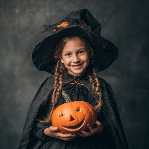 A Cheerful Young Girl in a Witch Costume for Halloween