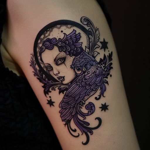 Eerie flat tattoo sketch of Venus with an owl at night
