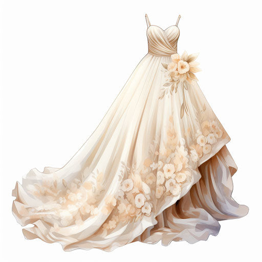 Wedding dress clipart in the style of an oil painting, on white background
