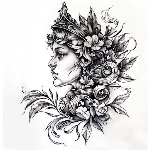 Elegant black and grey tattoo of a Roman goddess