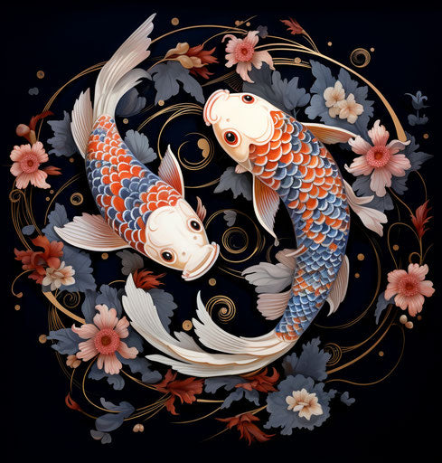 Two koi fish with flowers in a dark white and dark blue style