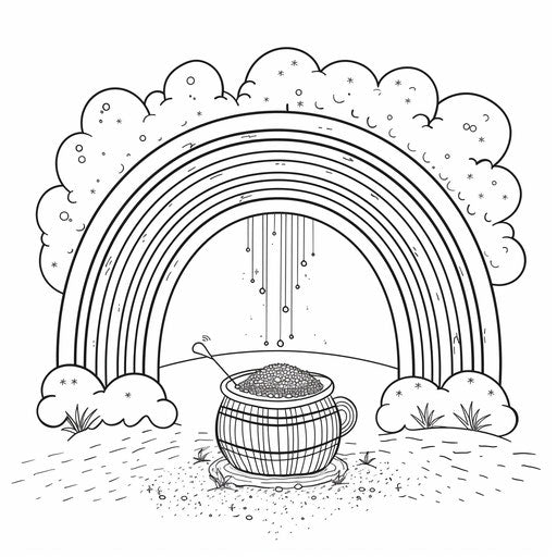 Rainbow with pot of gold at the end. Coloring book page