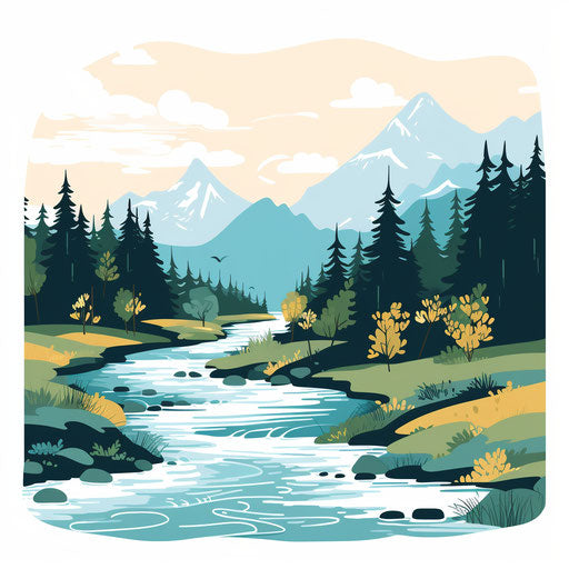 River drawing in the minimalist style, on white background