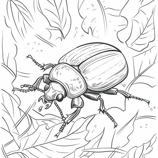 A beetle crawling on a leaf. Coloring book page