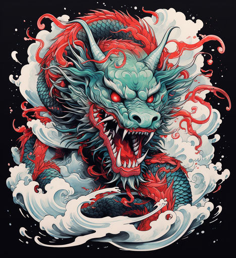 Chinese dragon tattoo drawing in red and black