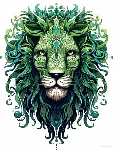 Boho lion on white background, green emerald, vivid visions
