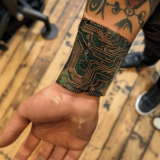 Biomechanical wrist tattoos for men with a circuit design