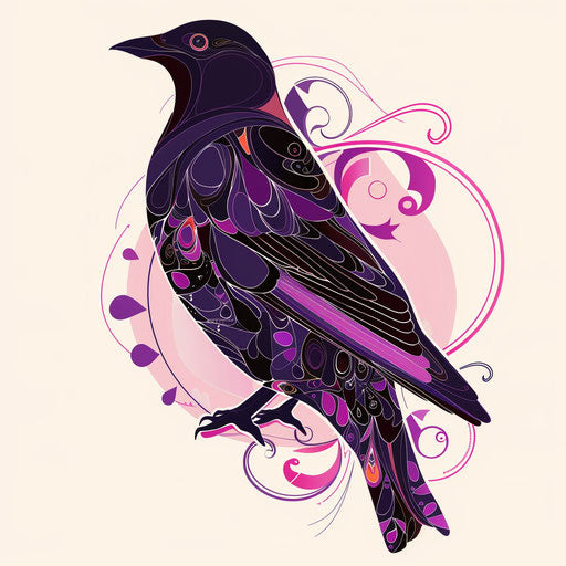 Flat tattoo drawing of a blackbird with abstract purple and pink swirls pattern