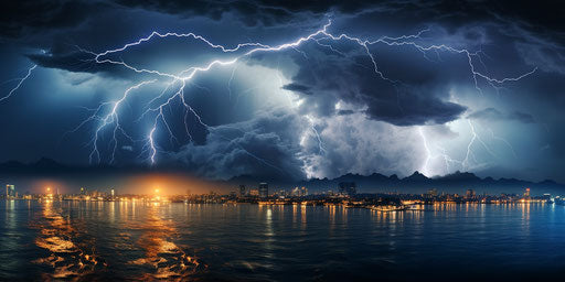 Lightning over the sea and in the distance, majestic ports style, mesmerizing optical illusions