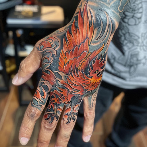 Hand tattoo with a phoenix, in the style of David Palumbo
