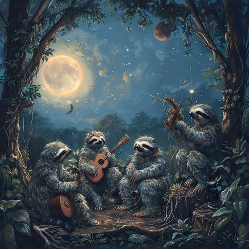 A group of sloths playing forest material instruments under the moon