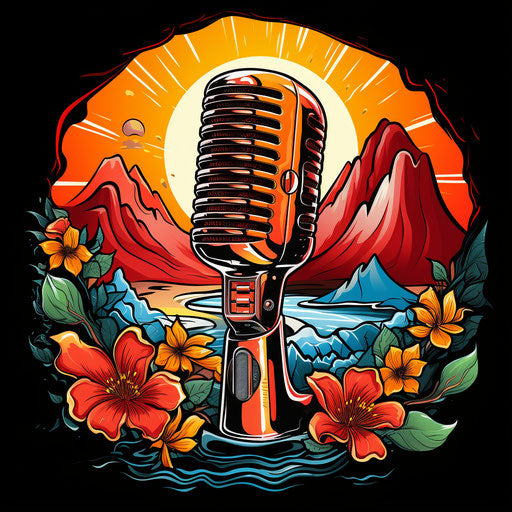 The rock and roll logo with a microphone, crimson and amber style