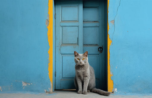 Blue bedroom doors, breiflyrl cat, gray cat, in the style of high quality photo, gray and amber