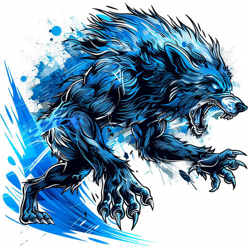 Sketch of werewolf in motion with vivid blue tattoo style