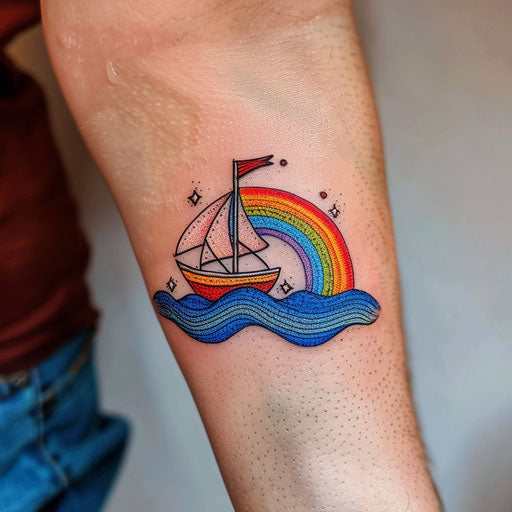 Skiff sailing on a vibrant and colorful sea