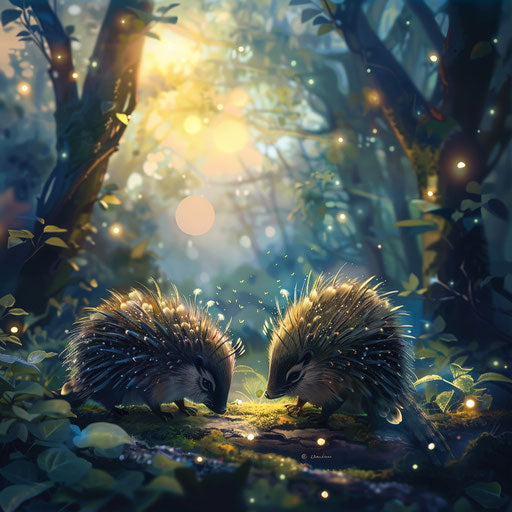 Porcupines in a magical woodland setting