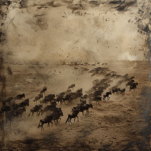 Striking movement of a wildebeest herd in a barren landscape