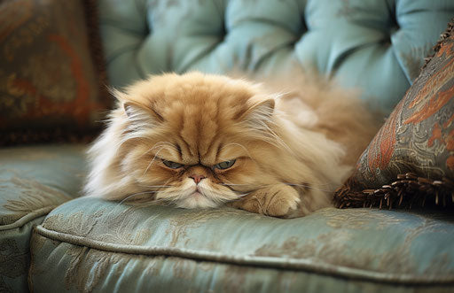 Persian cat resting on the couch, with exaggerated facial features, light brown and emerald
