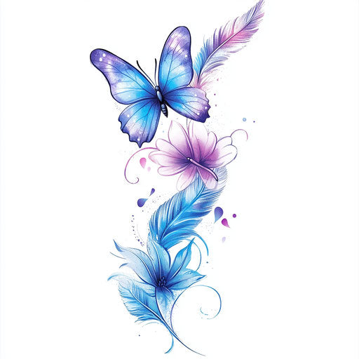 Blue and purple butterfly and feather tattoos on white