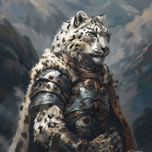 Snow leopard in fantasy armor, protector of a hidden mythical realm in the mountains