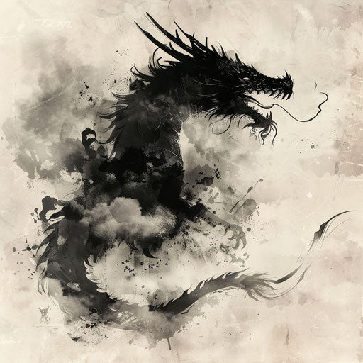 Dynamic sketch of a black dragon flying over stormy clouds
