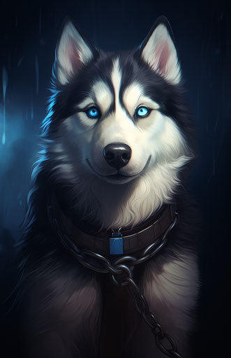 Husky dog with blue eyes standing on a leash