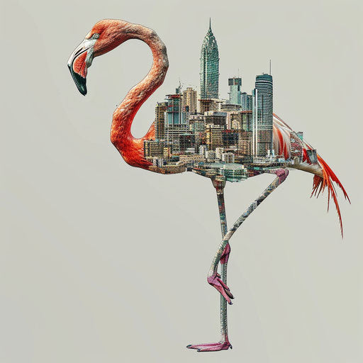 Flamingo balances complex cityscape