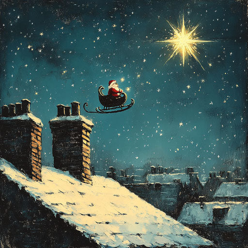 Snowy rooftop with silhouette of Santa and his sleigh