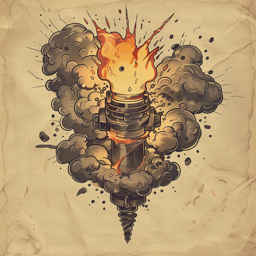 Energetic sketch of a piston bursting through a cloud of smoke and sparks