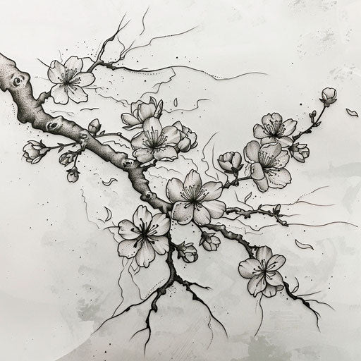 Bold flat sketch of a sakura branch with dark, dramatic shading