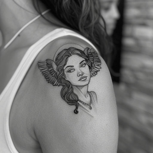 Spiritual tattoos of an angel with wings spread on the shoulder