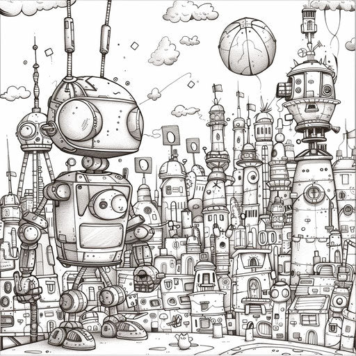 Whimsical robot playing basketball, coloring book page